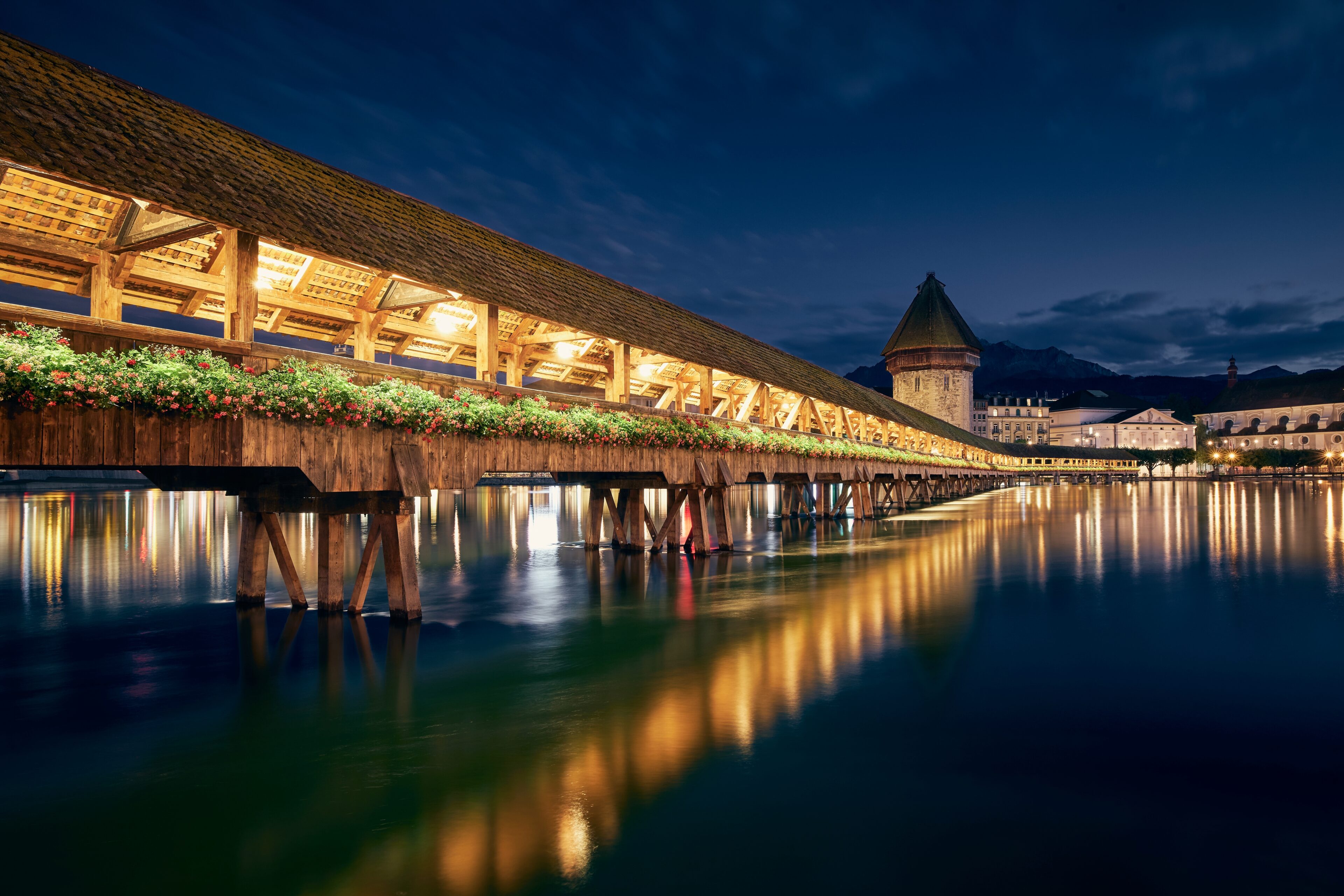 Chapel Bridge in Lucerne at twilight